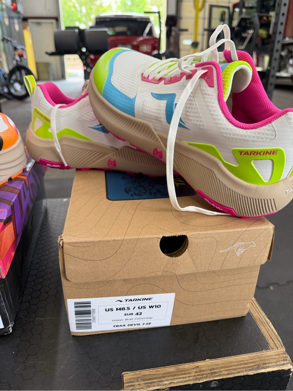 Tarkine Trail devil Running Shoes - White with Pink, Blue & Lime Accents